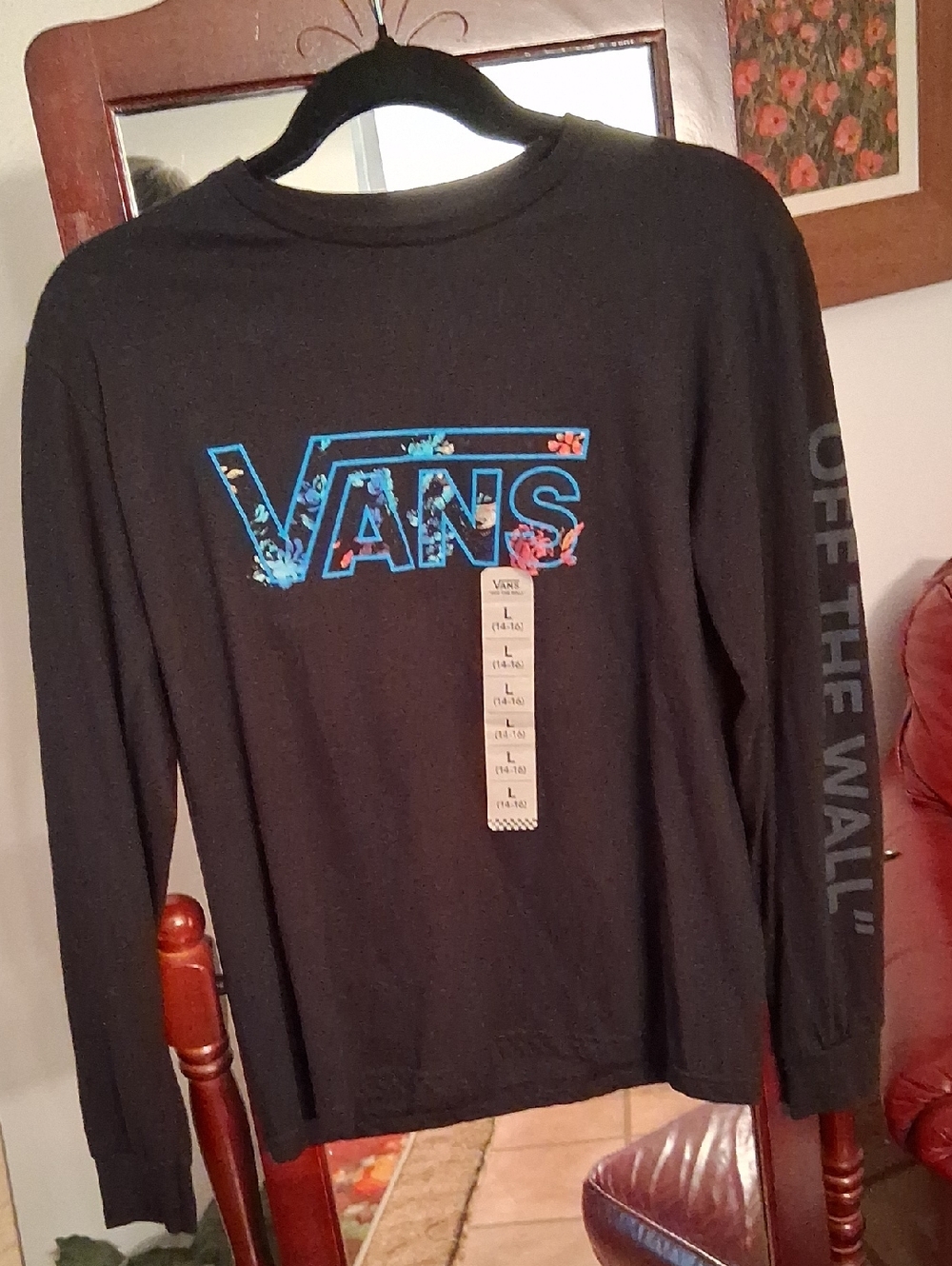 Vans Black Long-Sleeve Tee with Blue Floral Logo